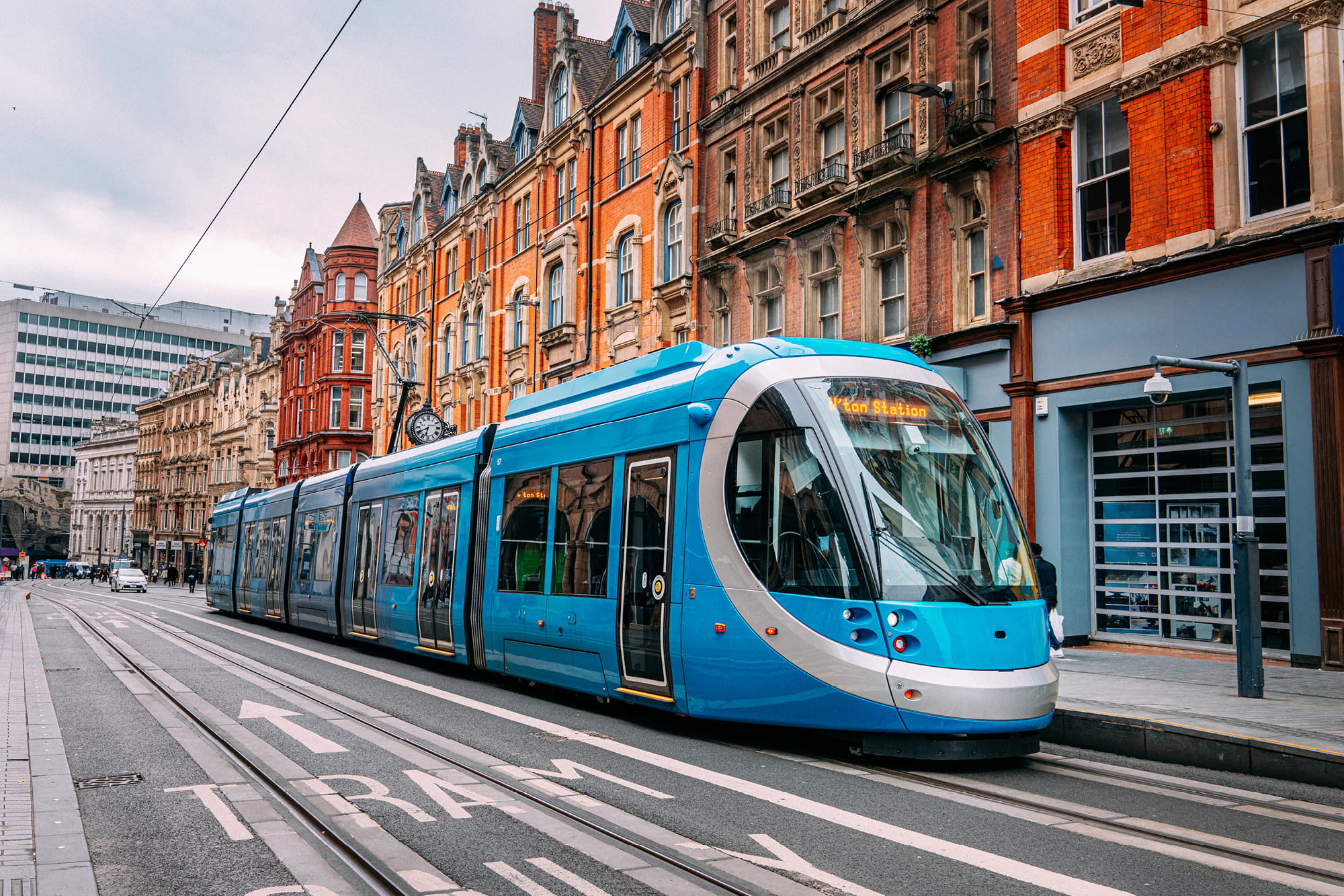 An image of the West Midlands Metro travelling through Central Birmingham