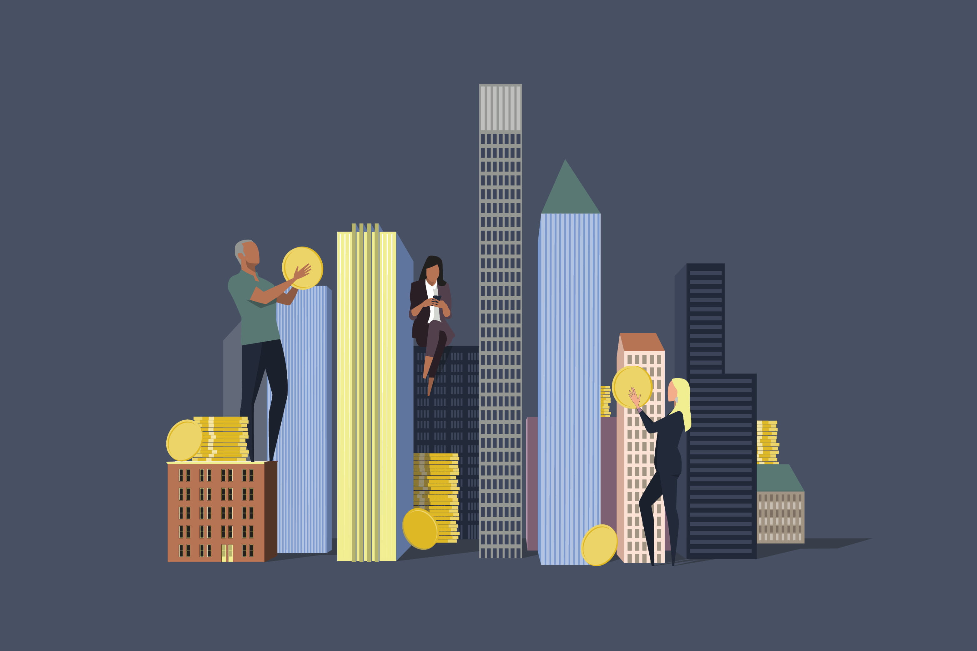illustration of people putting coins on commercial real estate properties