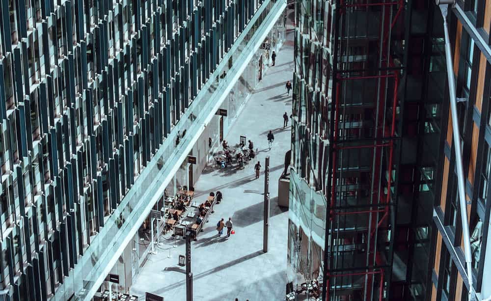 An aerial image looking down on the street in a city