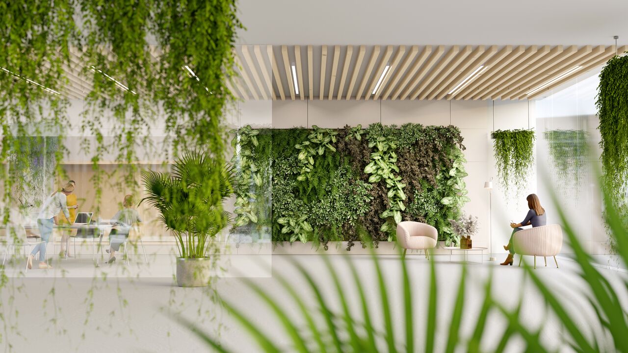 Rendering of green modern office lobby