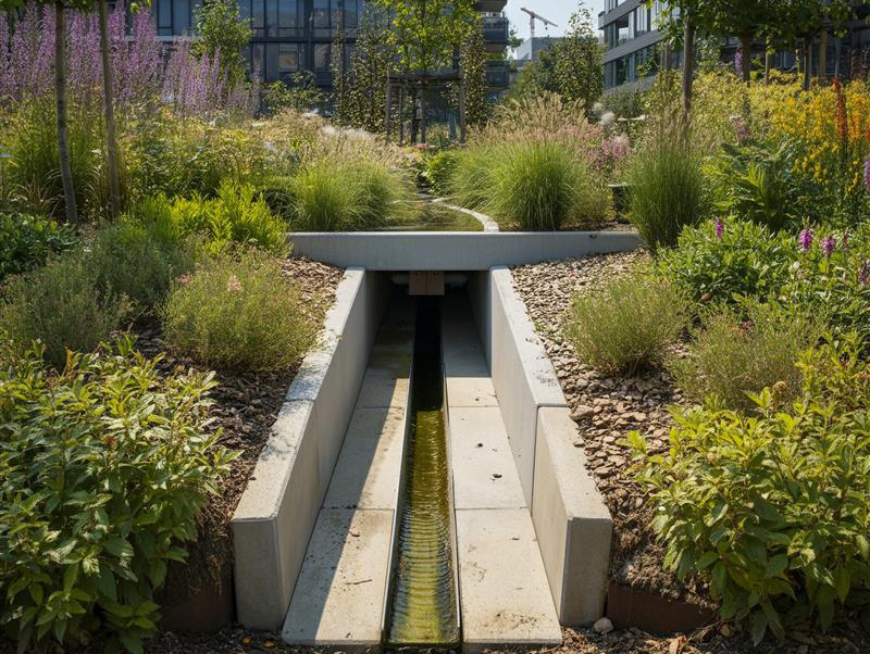 An image of a planted garden amongst newly built properties