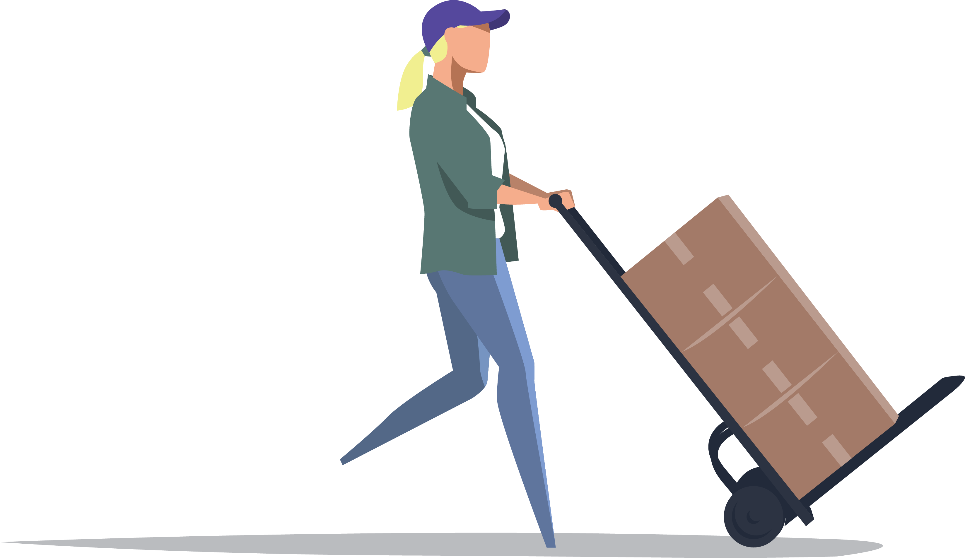 An illustration of a delivery woman with a trolley and three boxes