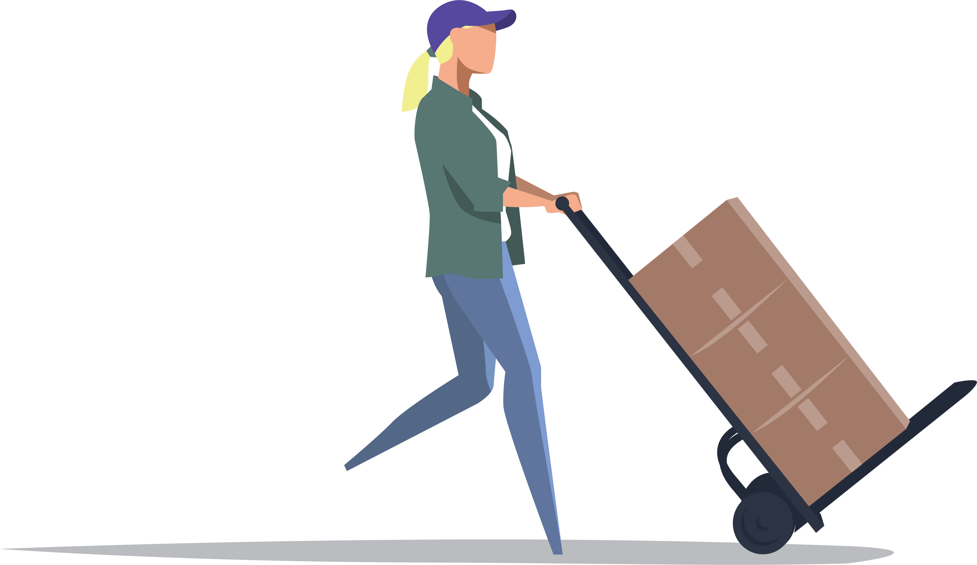 An illustration of a delivery woman with a trolley and three boxes