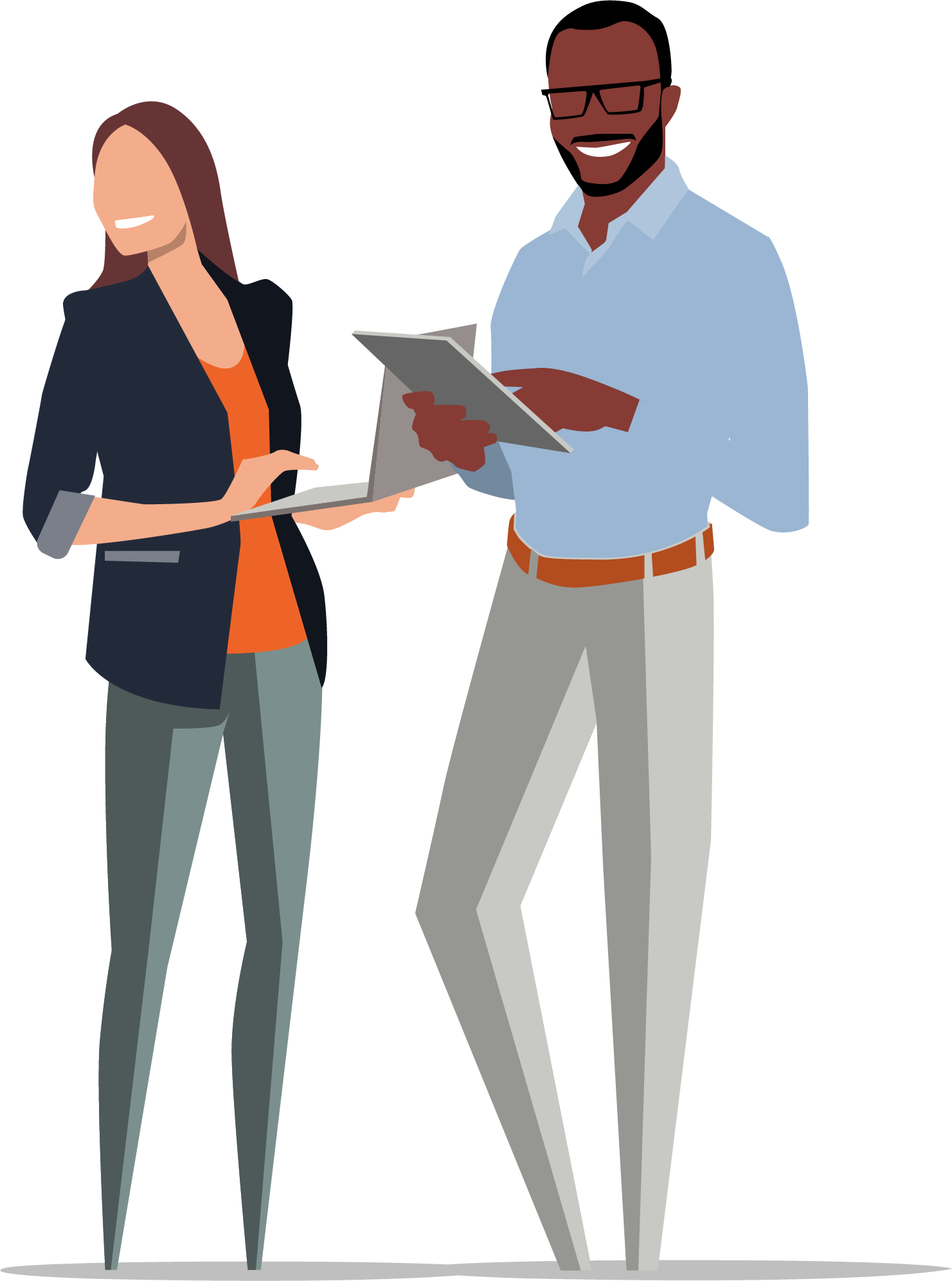 An illustration of a woman with a laptop and a man with a tablet