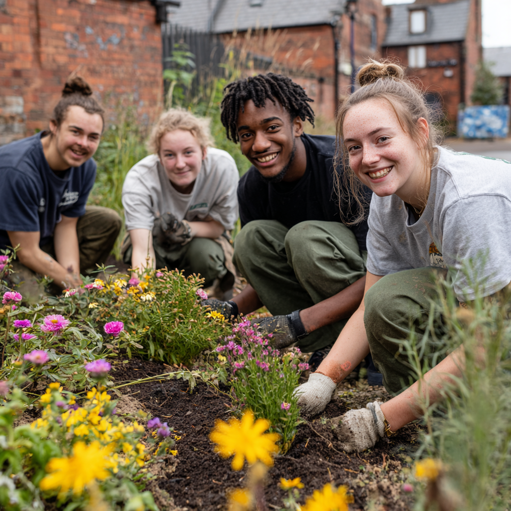 A group of young volunteers planting flowers