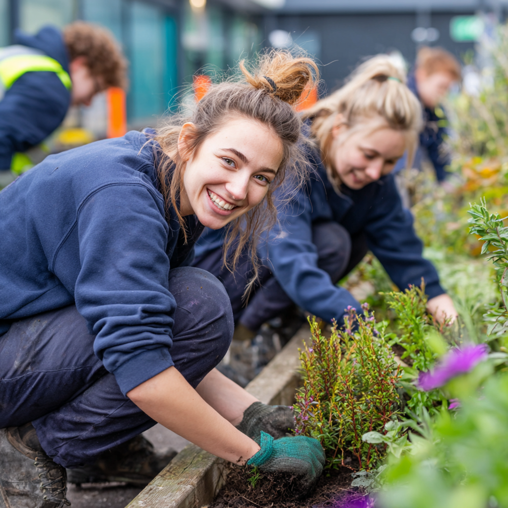 A group of young volunteers planting flowers