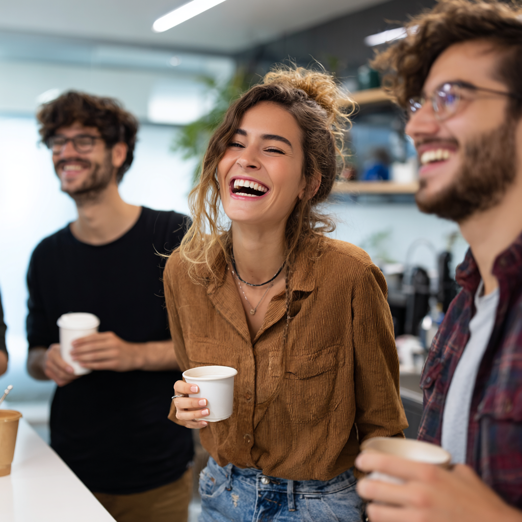 A group of young people laughing whilst drinking a coffee