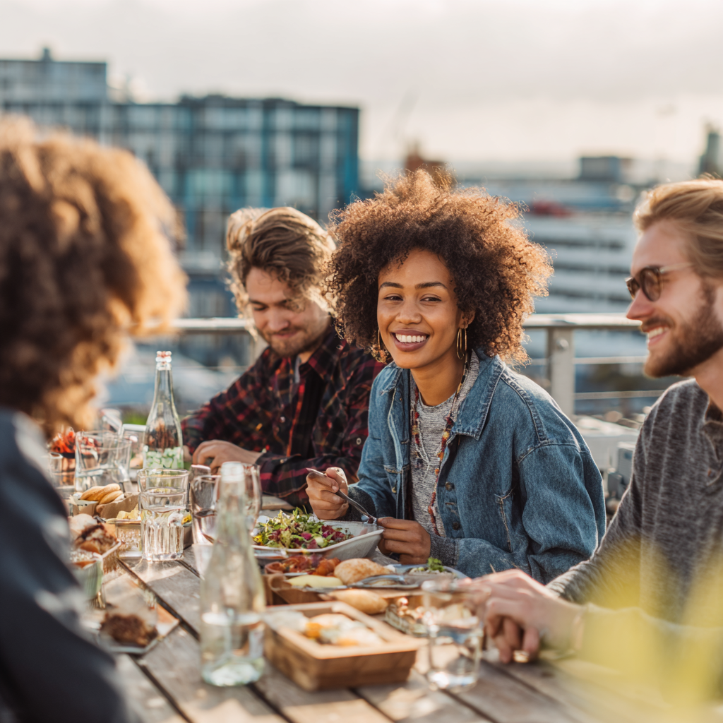 A group of people chatting whilst eating a meal