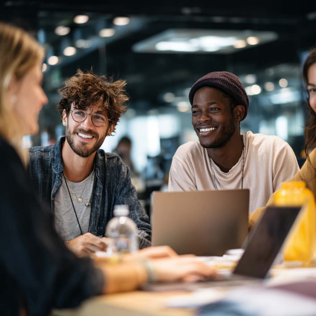 A group of young people sitting around a table talking