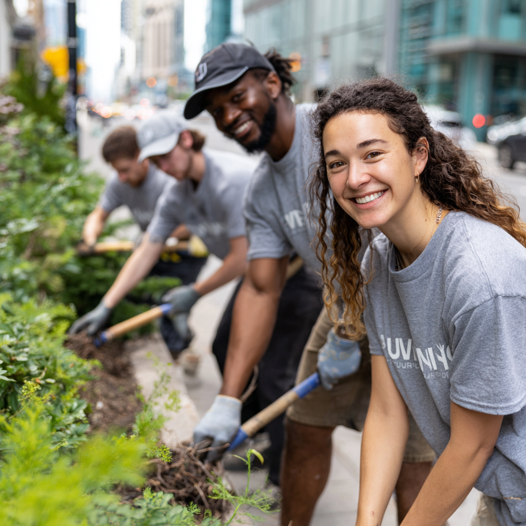 A group of people volunteering digging in a raised flowerbed