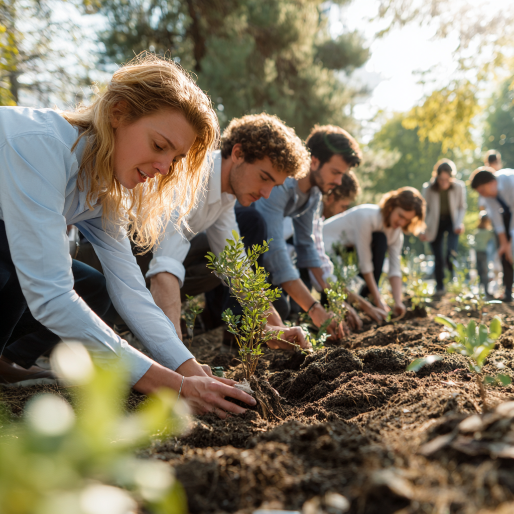 A group of volunteers taking part in gardening