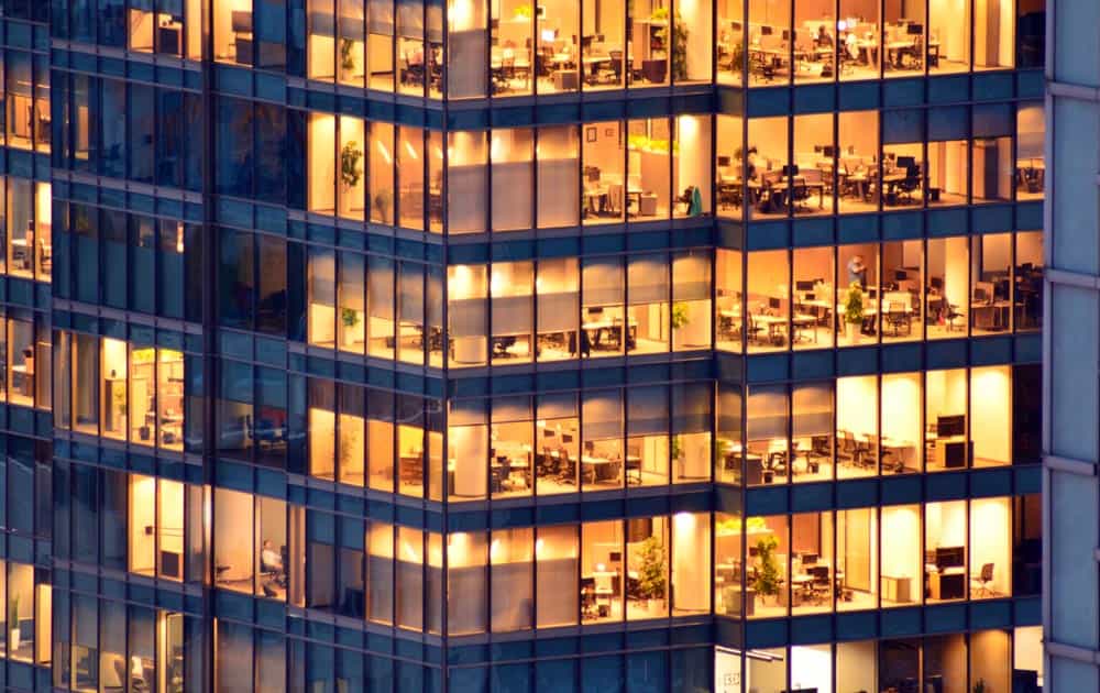 An image of an office block at dusk