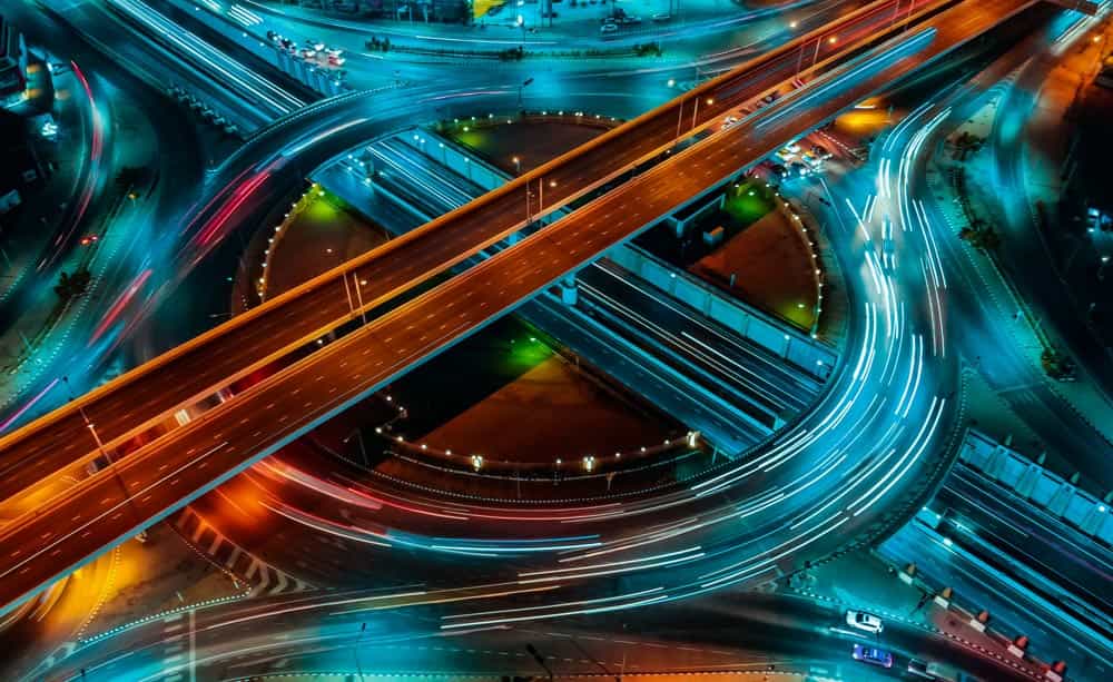 An image of a busy highway at night