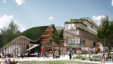 Aerial view of a modern eco-friendly urban area featuring a selection of life sciences buildings with tiered green roofs, surrounding trees, and a pond. People are relaxing outdoors, creating a peaceful atmosphere.