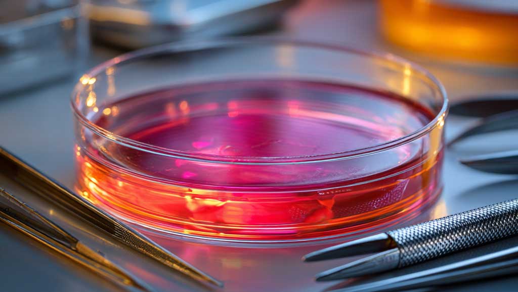 A petri dish filled with vibrant pink and orange liquid sits on a metal surface, surrounded by precision tweezers, in a life or bio sciences lab setting.