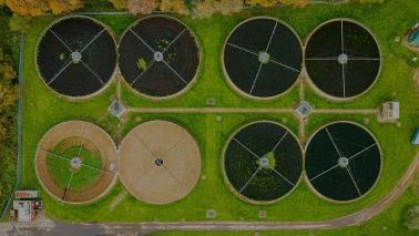 An aerial image of a water treatment plant