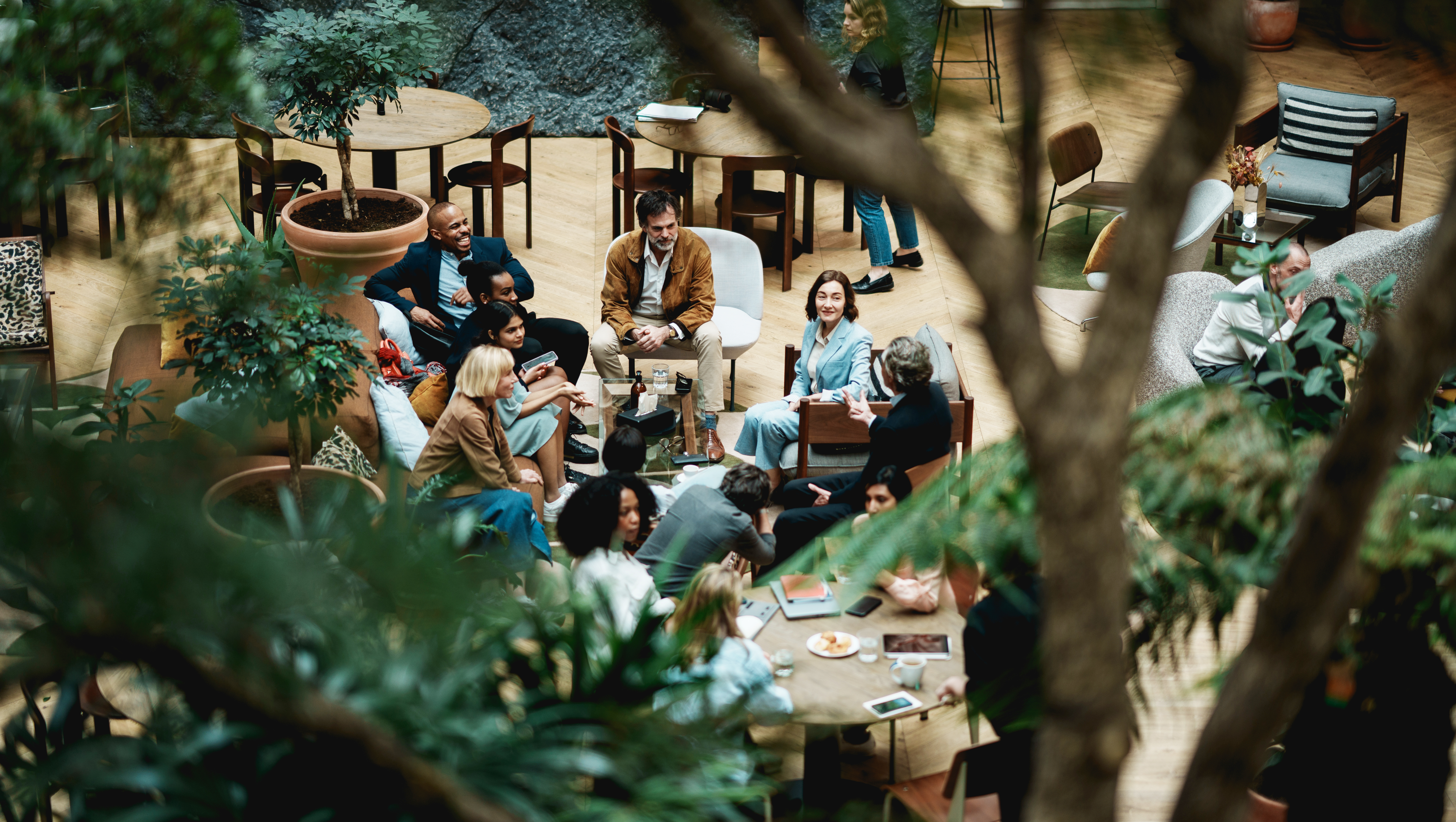 people sat in a cafe area surrounded by trees and plants in a professional building they could be having a team meeting