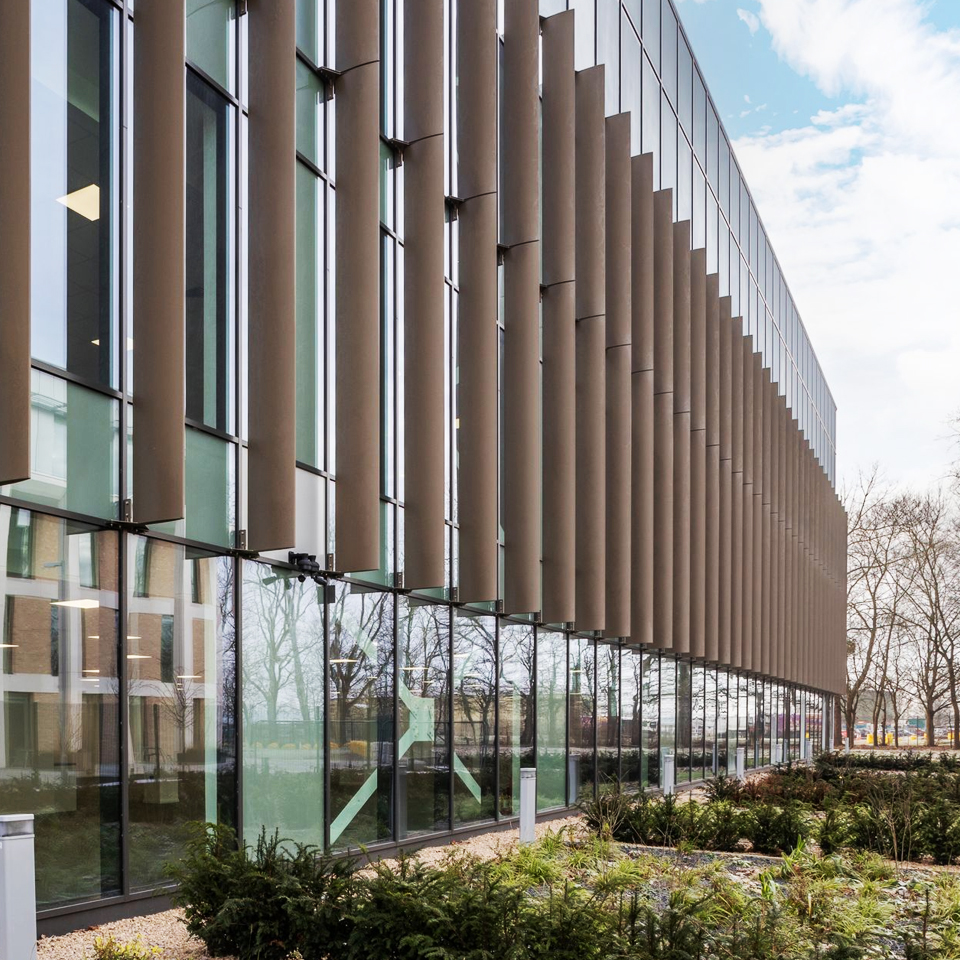Glass and metal exterior of modern office and research and development space on a science and innovation park