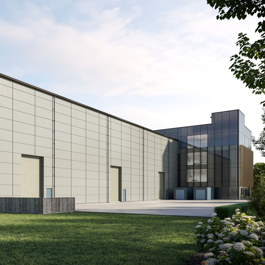 Exterior CGI of research and development space with surrounding green area on a science park