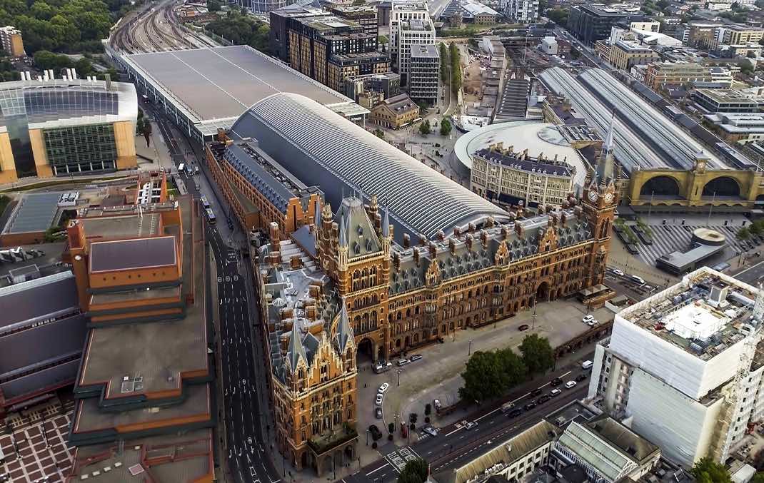 Aerial View of Iconic Architecture and Landmark Kings Cross and St Pancras Railway Stations in London, UK