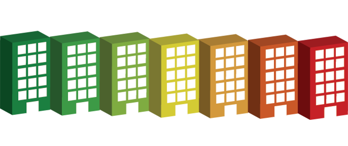 A row of commercial buildings in rainbow colours matching the EPC table