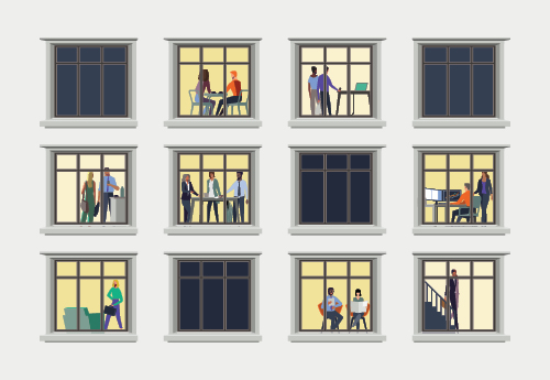 illustration of a series of windows, some unlit, some illuminated with workplace scenes