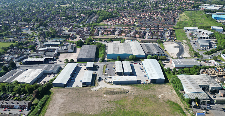 An aerial image of a series of industrial warehouse units at the Centric 40 industrial park