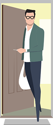 Illustration of a man leaving his apartment