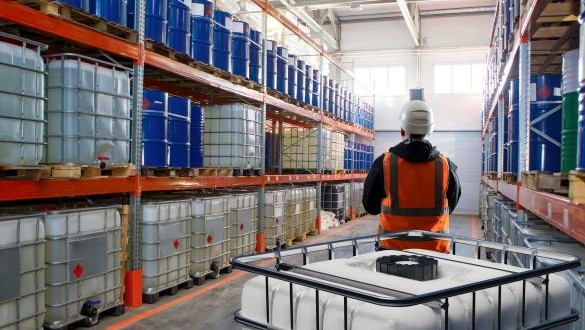 warehouse-worker-inspects-shelves-of-blue-chemical-drums-in-industrial-storage-facility